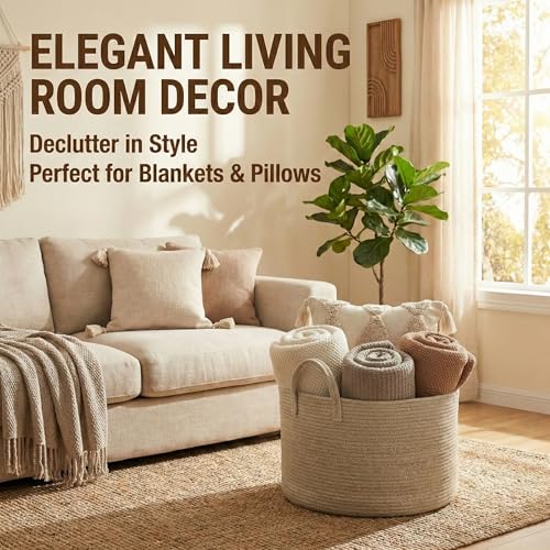 65L Extra Large Machine Washable Cotton Rope Blanket Basket | Collapsible Laundry Hamper, Reinforced Handles, For Blankets, Pillows, Toys and Clothes, Living Room and Bedroom, Oatmeal