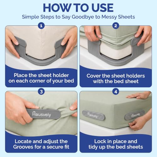 Bed Sheet Holder for Corners (4 Pack) – Keeps Sheets Tight & Wrinkle-Free – Fitted Sheet Clips & Fasteners for King Queen Twin Mattress – Durable Plastic Bedsheet Locker, Grey