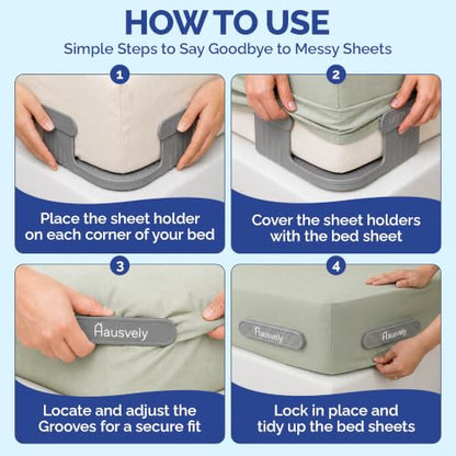 Bed Sheet Holder for Corners (4 Pack) – Keeps Sheets Tight & Wrinkle-Free – Fitted Sheet Clips & Fasteners for King Queen Twin Mattress – Durable Plastic Bedsheet Locker, Grey