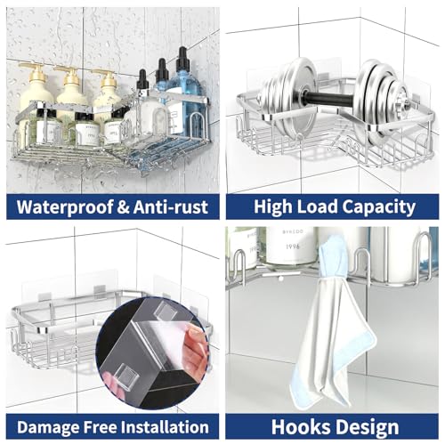 Menbyci 3 Pack Corner Shower Caddy, Adhesive Bathroom Shelves with 18 Hooks, Drill-Free & Quick-Dry Shower Organizer with Large Capacity, Rustproof Stainless Steel Bathroom Corner Storage Rack, Silver