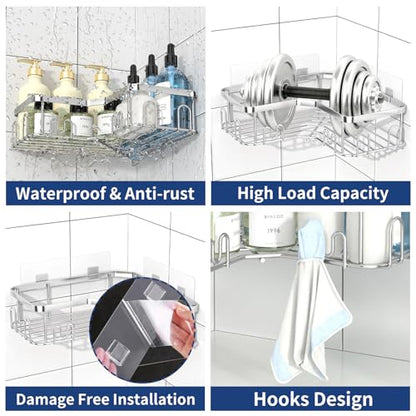 Menbyci 3 Pack Corner Shower Caddy, Adhesive Bathroom Shelves with 18 Hooks, Drill-Free & Quick-Dry Shower Organizer with Large Capacity, Rustproof Stainless Steel Bathroom Corner Storage Rack, Silver
