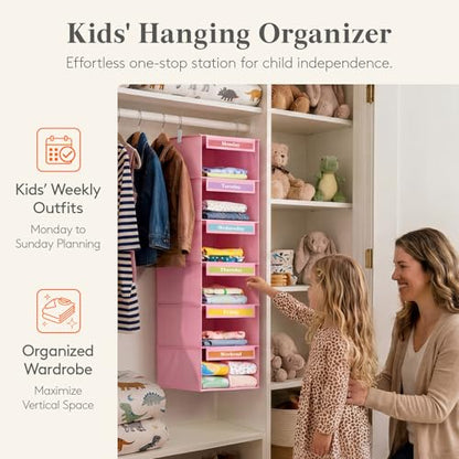 Lifewit 6 Shelf Weekly Hanging Clothes Storage Organizer for Kids, Pink | Closet Storage with Color Labels for School Outfits, Daily Clothing Divider with Days of The Week Monday to Friday Weekend
