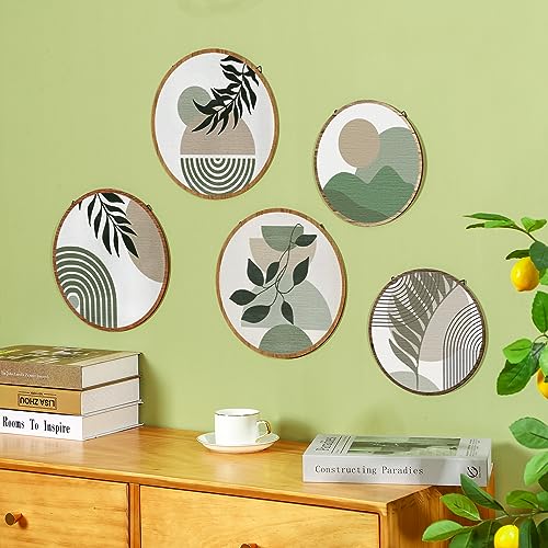 Qunclay 5 Pcs Wall Art Decor Wooden Living Room Wall Decor Bohemian Hanging Farmhouse Geometric 10'' and 8'' Aesthetic Wood Minimalist Posters for Bedroom(Greenery)