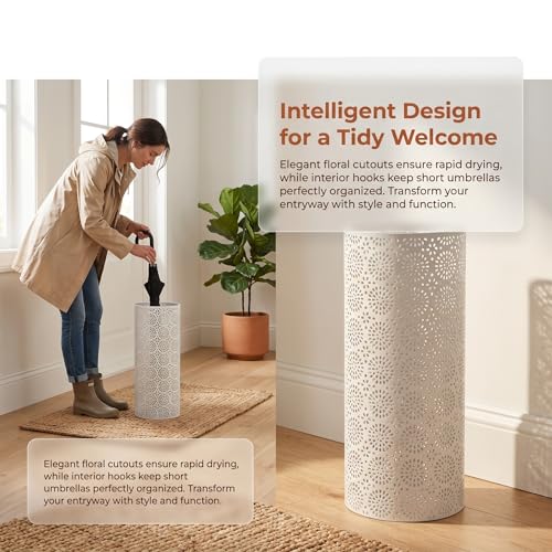 BEWBBAT Umbrella Stand Rack for Entryway, Free Standing Metal Umbrella Holder, Round Umbrella Organizer Bin with 3 Hooks for Long Short Umbrella, Walk Stick, Home Office Indoor, 17 x 7 Inch, White