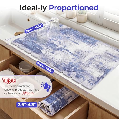 Findosom Large Stone Dish Drying Mat for Kitchen Counter, 23.6" × 15.3" Foldable Non-Slip Stone Drying Mat with Abstract Pattern, Heat Resistant Diatomaceous Earth Mat for Bath, Dishes, Cups, Blue