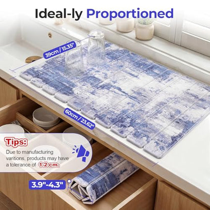 Findosom Large Stone Dish Drying Mat for Kitchen Counter, 23.6" × 15.3" Foldable Non-Slip Stone Drying Mat with Abstract Pattern, Heat Resistant Diatomaceous Earth Mat for Bath, Dishes, Cups, Blue