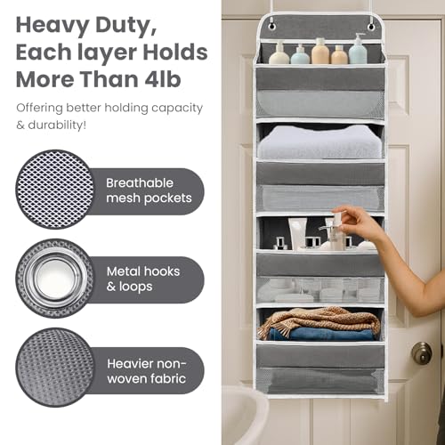 Over The Door Organizer 4 Shelves & 4 Side Pockets, Large Storage Rack | Anti-Tilt Hanging Door Storage for Closet, Heavy-Duty Mesh Shelf for Bathroom Closet Toy Organization Shoes Towels, Grey
