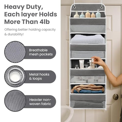 Over The Door Organizer 4 Shelves & 4 Side Pockets, Large Storage Rack | Anti-Tilt Hanging Door Storage for Closet, Heavy-Duty Mesh Shelf for Bathroom Closet Toy Organization Shoes Towels, Grey