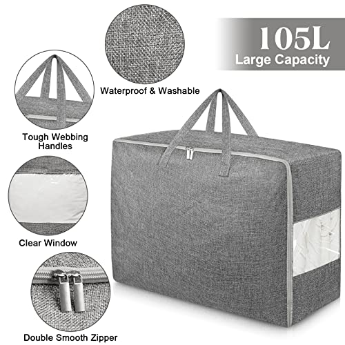 105L Extra Large Storage Bags, Folding Moving Comforter Blanket Storage Bags Closet Organizers and Storage Containers for Clothes with Strong Handles&Zippers Clear Window for Bedding Pillow Grey 3Pack
