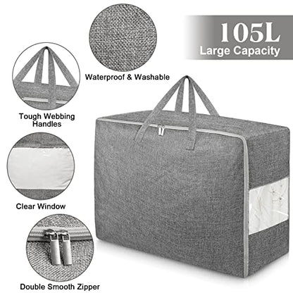 105L Extra Large Storage Bags, Folding Moving Comforter Blanket Storage Bags Closet Organizers and Storage Containers for Clothes with Strong Handles&Zippers Clear Window for Bedding Pillow Grey 3Pack