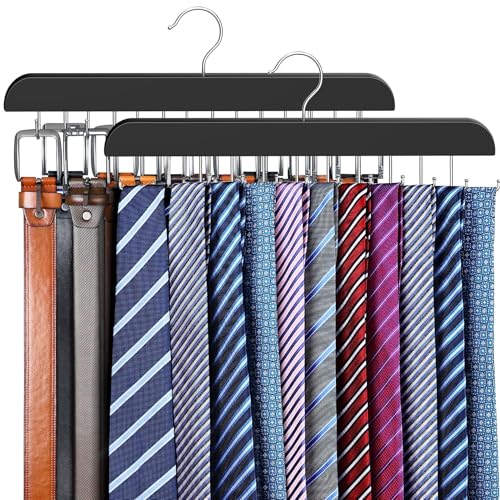 2 Pack Tie Rack & Belt Hanger for Closet Organization, Wooden Tie Organizer | Space Saving 2 in 1 Tie Hanger Max 42 Belts & 60 Ties Capacity, Premium Tie Belt Holder for Closet Organizers and Storage