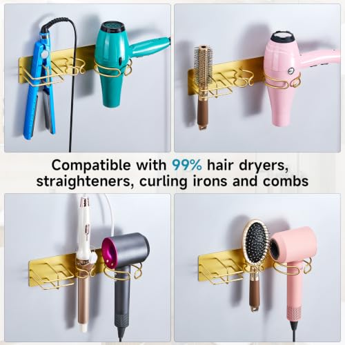Blow Dryer Holder Wall Mounted Curling Iron Holder, 3 in 1 Hair Tool Organizer for Straightener, Curling Iron, Hair Dryer Holder Adhesive Flat Irons Storage for Bathroom Barber Shop (Gold)