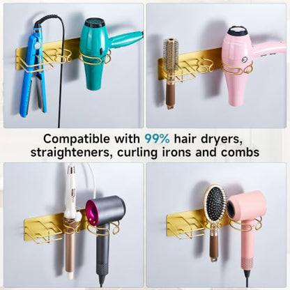 Blow Dryer Holder Wall Mounted Curling Iron Holder, 3 in 1 Hair Tool Organizer for Straightener, Curling Iron, Hair Dryer Holder Adhesive Flat Irons Storage for Bathroom Barber Shop (Gold)