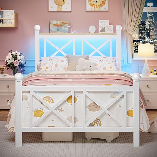 DynJest Twin White Bed Frame with Headboard and Footboard, Storage Shelf with LED Lights and Charging Station, Strong Metal Slats Support, No Box Spring Needed, Under Bed Storage, Easy Assembly