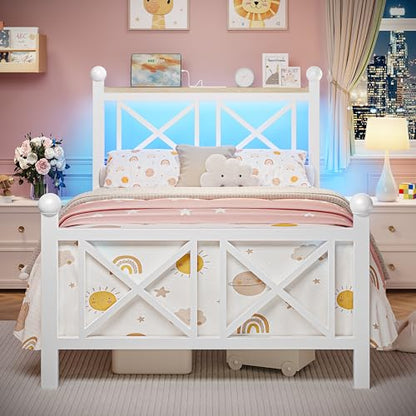 DynJest Twin White Bed Frame with Headboard and Footboard, Storage Shelf with LED Lights and Charging Station, Strong Metal Slats Support, No Box Spring Needed, Under Bed Storage, Easy Assembly