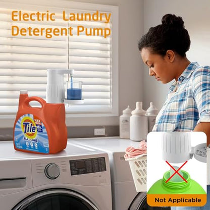 【IMPORTANT! Measure First】Electric Laundry Detergent Pump - Reusable Laundry Detergent Dispenser with Graduated Cup for Liquid Detergent, USB Rechargeable, Ideal for Laundry Room Organization (White)