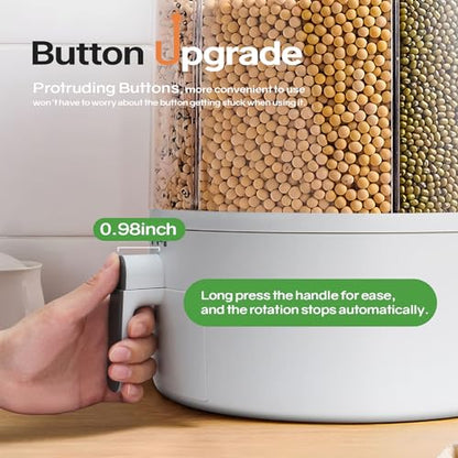Grain and Rice Storage Container, 6 Grid Grain Dispenser, Food Dispenser | 360° Rotating 25lb Large Food Dispenser, Rice Dispenser Upgrade 6 Compartment Rotating, Airtight Storage White
