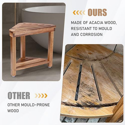 Shower Foot Rest 14in, Acacia Wood Shower Stool for Shaving Legs, Waterproof Corner Shower Stool with Storage Shelf for Inside Small Shower Spaces, Wood Color