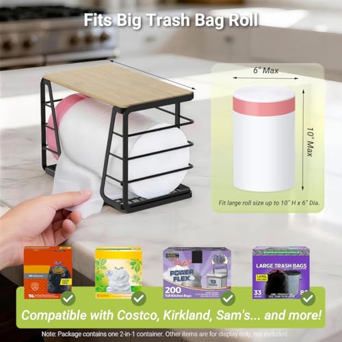 Trash Bag Dispenser 2 in 1 Under Sink Organizer, Garbage Bag Roll Holder | with Bamboo Lid, Fits 13/30/33 Gal Large Bag Roll, Open Back Storage for Tall Bottles, for Kitchen, Bathroom, Laundry Room