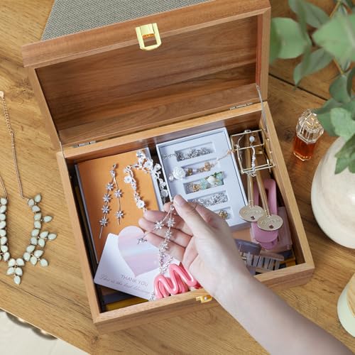 DRASTAR Wooden Keepsake Box, Large Acacia Storage Memory Box with a Hinged Lid for Crafts and Photo Storage