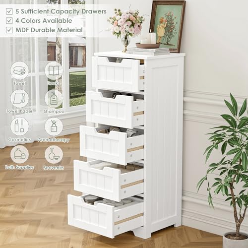 FOTOSOK Bathroom Cabinet, Bathroom Storage Cabinet with 5 Drawers, White | Narrow Bathroom Storage with Cut-Out Handles, 11.8” x 15.7” x 40.1”, Slim & Small Floor Cabinet for Laundry/Hallway