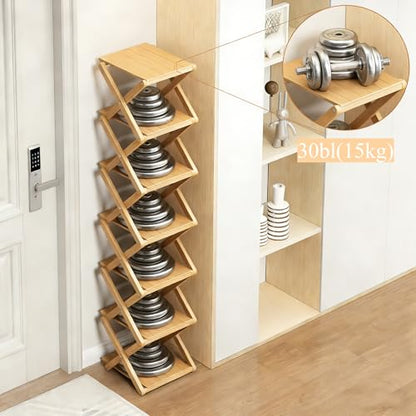 Bamboo Shoe Rack - No Assembly Required, Tall Narrow Foldable Shoe Organizer, Space-Saving Multifunctional Shelf for Entryways, Corners, Bedrooms, Balconies, 4 Layer(Reinforced and Thickened)