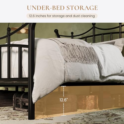 SHA CERLIN 14 Inch Queen Size Metal Bed Frame, Victorian Crown Style Platform Bed Frame with Headboard and Footboard, 12.6" Under-Bed Storage, No Box Spring Needed, Noise Free, Easy Assembly, Black