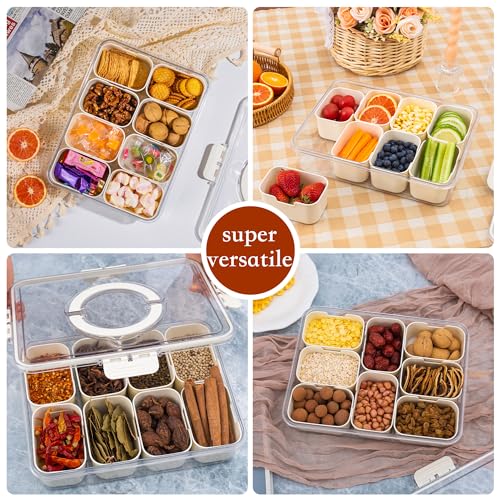 Divided Snack Serving Tray with Lid and Handle travel Snackle Box Charcuterie Container Portable Storage Organizer for Candy, Fruits, Nuts, Snacks 1Pack White