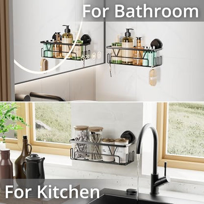KEGII Suction Cup Shower Caddy with Hooks, No Drill Bathroom Organizer | Large Capacity Stainless Steel Shelf, Heavy Duty Hold for Shampoo and Body Wash on Smooth Surfaces, Black