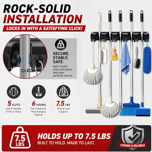 Broom Hanger Wall Mount Broom and Mop Organizer Wall Hanging Garden Tool Organizers Rack Garage Laundry Room Organizations and Storage with Hooks Heavy Duty