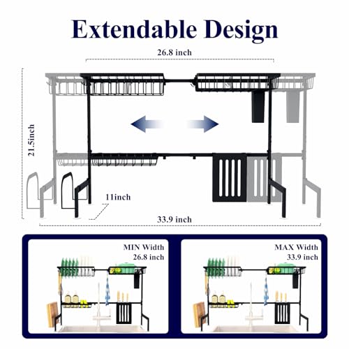 Kitsure Adjustable Over The Sink Dish Drying Rack, 26.8" -33.9"x21.5" | Sink Drying Rack for Kitchen Sink, Dish Rack Over Sink with Cutlery & Utensil Holders, Kitchen Storage, Black