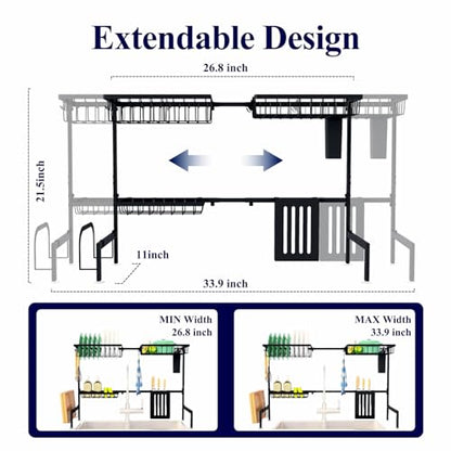 Kitsure Adjustable Over The Sink Dish Drying Rack, 26.8" -33.9"x21.5" | Sink Drying Rack for Kitchen Sink, Dish Rack Over Sink with Cutlery & Utensil Holders, Kitchen Storage, Black