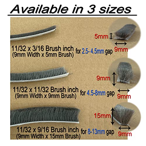 Weather Stripping Brush for Sliding Windows/Doors Frame Side,Pile Self Adhesive Weatherstrip Seal Strip Sealer Draft Stoppers (32ft x11/32 Backing x 9/16 Brush inch, Grey)
