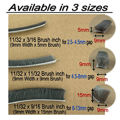 Weather Stripping Brush for Sliding Windows/Doors Frame Side,Pile Self Adhesive Weatherstrip Seal Strip Sealer Draft Stoppers (32ft x11/32 Backing x 9/16 Brush inch, Grey)