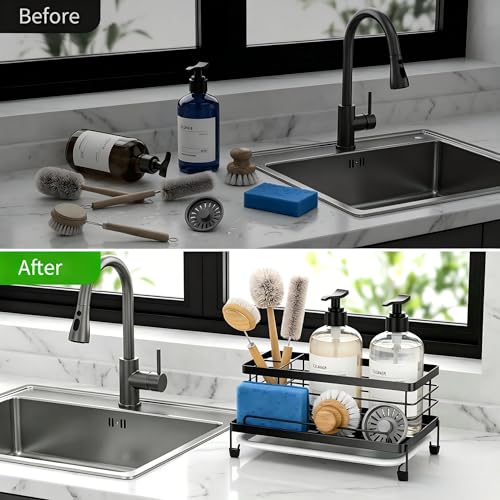 Sponge Holder for Kitchen, Sink Caddy Organizer, Kitchen Sink Accessories with Drip Tray, Rustproof and Non-slip Kitchen Sink Sponge Holder (Black)