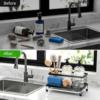 Sponge Holder for Kitchen, Sink Caddy Organizer, Kitchen Sink Accessories with Drip Tray, Rustproof and Non-slip Kitchen Sink Sponge Holder (Black)