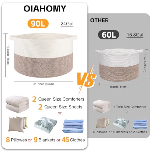OIAHOMY 90L XXXLarge Blanket Basket for Living Room, 21.7" x 13.8" Woven Cotton Rope Laundry Basket for Organizing Pillows, Decorative Stuffed Animal Toy Storage for Nursery, White and Linen Brown