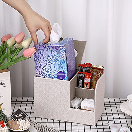 Sumnacon Square Linen Tissue Box Cover - Decorative Cube Tissue Box Holder with Side Organizer, Modern Tissue Box for Living Room Vanity Night Stand Table Countertop Office, Beige