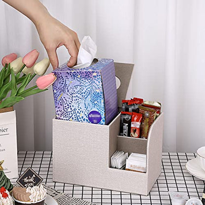 Sumnacon Square Linen Tissue Box Cover - Decorative Cube Tissue Box Holder with Side Organizer, Modern Tissue Box for Living Room Vanity Night Stand Table Countertop Office, Beige