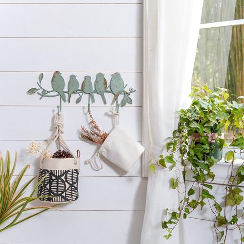 Vintage Metal Wall Mounted Coat Rack with 3 Hooks, Birds on Tree Branch Hanger Key Holder Wall Organizer for Hats, Towels, Clothes, Scarves, Jewelry Wall Decoration - Green