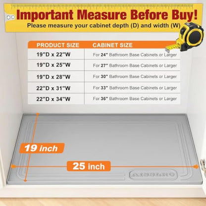 Under Sink Mat 25" X 19", Waterproof Silicone Cabinet Kitchen Liner, Gray | BPA-Free Raised-Edge Cabinet Protector & Leak Tray for Bathroom Cabinets, Boots, Pet Feeding Dog & Cat Mats, Dishwasher Safe