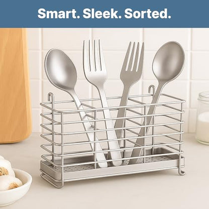 KESOL 304 Stainless Steel Utensil Holder Drying Rack with Hooks, 2x8.7x5 | Utensil Drying Rack, Sink Caddy, Silverware Drying Rack Spoon Organizer, 3 Divided Compartments, Rust Proof, No Drilling