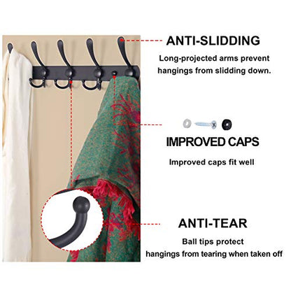 Coat Rack Wall Mounted - 5 Tri Hooks, Heavy Duty, Stainless Steel, Metal Coat Hook Rail for Coat Hat Towel Purse Robes Mudroom Bathroom Entryway (Black, 2 Packs)