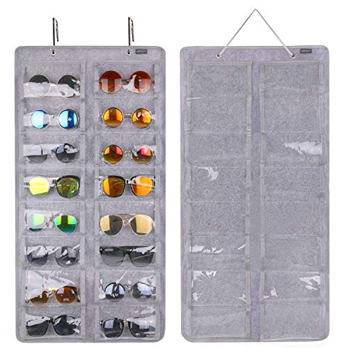 AROUY Sunglasses Organizer Storage, Hanging Dust Proof Wall Pocket Glasses Organizer - 16 Felt Slots Sunglass Organizers Holder with Metal Hook and Sturdy Rope (Gray, Dust Proof)