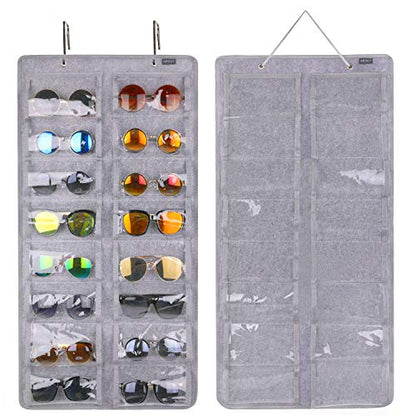AROUY Sunglasses Organizer Storage, Hanging Dust Proof Wall Pocket Glasses Organizer - 16 Felt Slots Sunglass Organizers Holder with Metal Hook and Sturdy Rope (Gray, Dust Proof)
