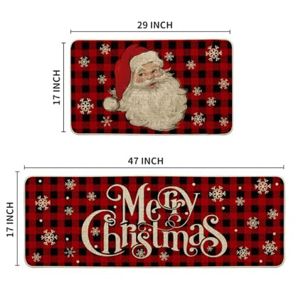 Artoid Mode Buffalo Plaid Snow Santa Claus Christmas Kitchen Rugs Set of 2, Winter Low-Profile Floor Mat Merry Christmas Decorations for Home Kitchen - 17x29 and 17x47 Inch