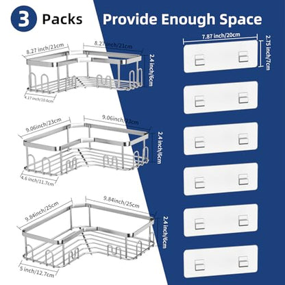 Menbyci 3 Pack Corner Shower Caddy, Adhesive Bathroom Shelves with 18 Hooks, Drill-Free & Quick-Dry Shower Organizer with Large Capacity, Rustproof Stainless Steel Bathroom Corner Storage Rack, Silver