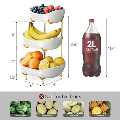Ceramic 3 Tier Fruit Bowl, Fruit Basket for Kitchen Counter, Gold | Space-saving countertop fruit holder for vegetables, snacks, bread, candy, nuts, cakes and desserts; dishwasher-safe ceramic