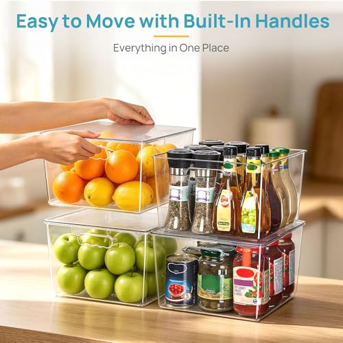 Vtopmart 4 Pack Extra Large Clear Stackable Storage Bins with Lids, 11inch Organizer Bins with Handle for Onions and Potatoes, Plastic Containers for Pantry, Freezer, Kitchen, Closet Organization