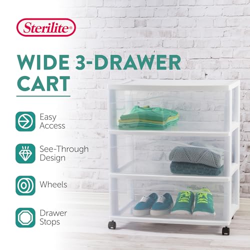 Sterilite Wide 3-Drawer Cart Storage with Wheels for Bedroom and Dresser | Organizing Plastic Drawers and Containers for Home, Office, Desk, Clothes, Dresser, Kitchen, and Pantry